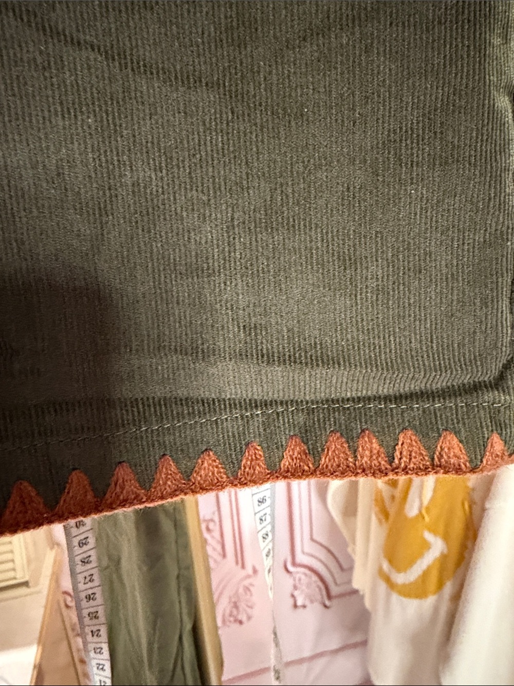 Olive Corduroy Wide Leg Pants with Rust Topstitch & Drawstring Waist - Picture 6 of 6